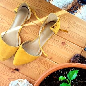 Yellow Faux Suede Ballet Flat with Ankle Strap